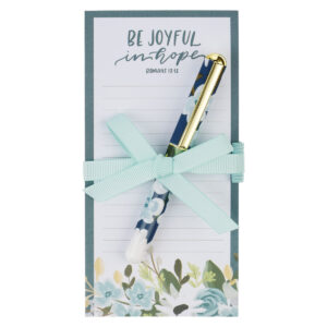 Be Joyful in Hope magnetic notepad with black ink pen inspired by Romans 12:12