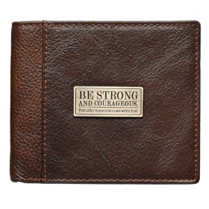 Brown genuine-leather men's wallet with Be Strong and Courageous verse badge