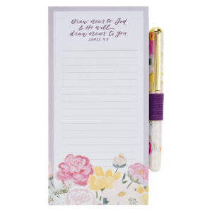 Draw Near to God floral magnetic notepad with pen inspired by James 4:8
