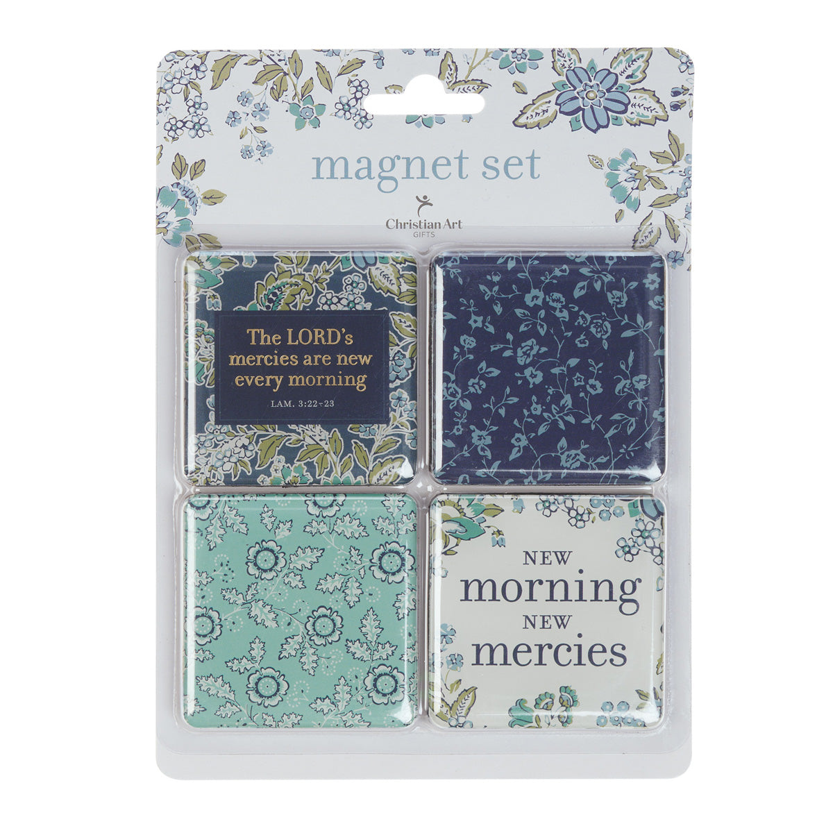 Four-piece Lord’s Mercies floral magnetic set featuring Lamentations 3:22–23